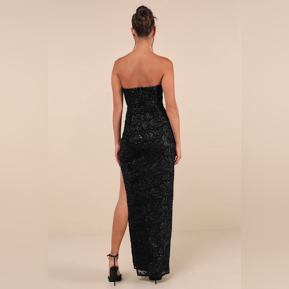 LULU’S STATELY AURA MESH VELVET STRAPLESS BUSTIER MAXI DRESS - Picture 2 of 16